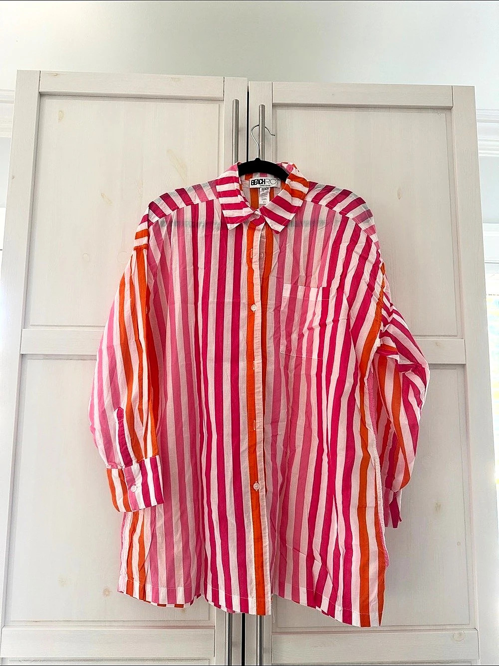 Beach Riot Cassidy Top Striped Cotton Button Down Pink & Orange Large